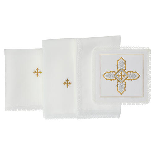 Conjunto de altar 4 peças linho algodão viscose bordado cruz ouro prata 3