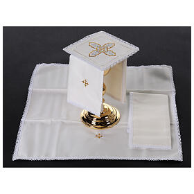 Altar linens set with silver and golden cross, silk cotton and viscose, set of 4