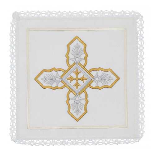 Altar linens set with silver and golden cross, silk cotton and viscose, set of 4 1