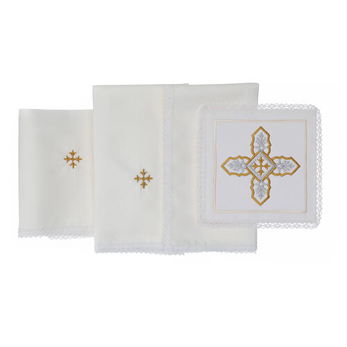 Altar linens set with silver and golden cross, silk cotton and viscose, set of 4 3