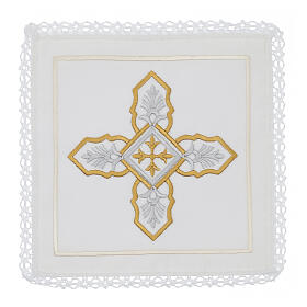 Conjunto de altar 4 peças seda algodão viscose bordado cruz ouro prata