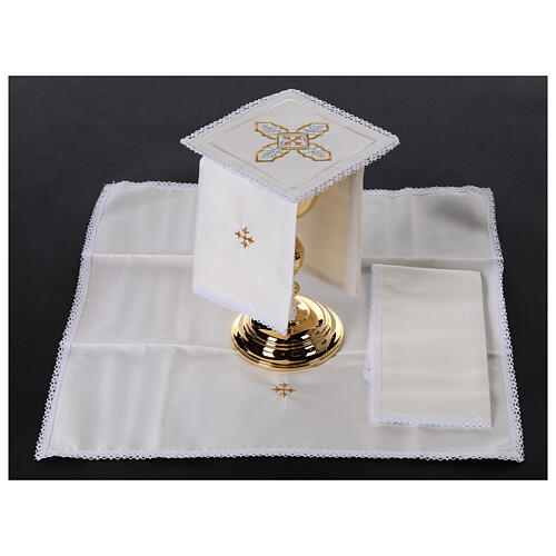 Conjunto de altar 4 peças seda algodão viscose bordado cruz ouro prata 2