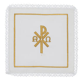 Kelchwäsche-Set, Christusmonogramm XP mit Alpha und Omega als Stickerei – 4-teilig, Seide, Baumwolle und Viskose
