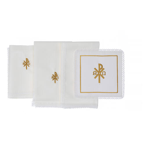 Altar linens set with alpha omega and Chi-Rho, silk cotton and viscose, set of 4 3