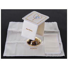 Kelchwäsche-Set, Marienmotiv und Herzmotiv als Stickerei, aus Seide, Baumwolle und Viskose – 4-teilig