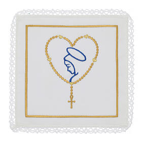 Altar linens set with Mary and heart-shaped rosary, silk cotton and viscose, set of 4