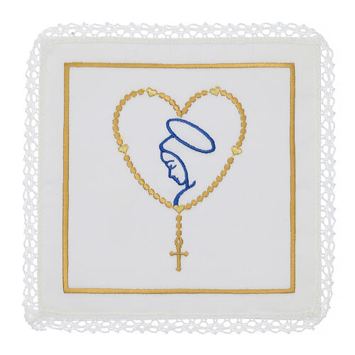 Altar linens set with Mary and heart-shaped rosary, silk cotton and viscose, set of 4 1