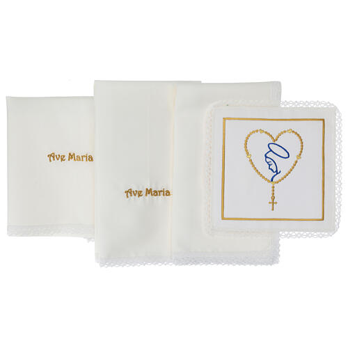Altar linens set with Mary and heart-shaped rosary, silk cotton and viscose, set of 4 3