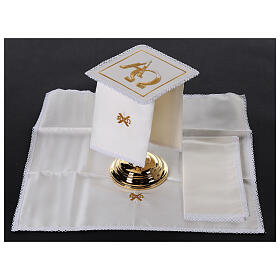 Altar linens set with Alpha and Omega, silk cotton and viscose, set of 4