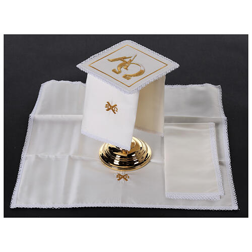 Altar linens set with Alpha and Omega, silk cotton and viscose, set of 4 2