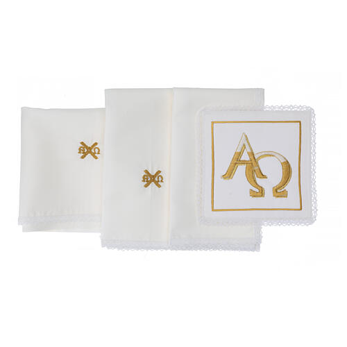 Altar linens set with Alpha and Omega, silk cotton and viscose, set of 4 3
