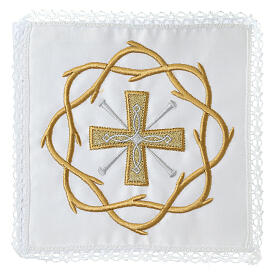 Altar linens of silk, cotton and viscose, set of 4, cross and crown embroidery