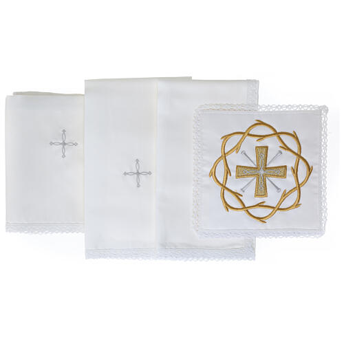 Altar linens of silk, cotton and viscose, set of 4, cross and crown embroidery 3