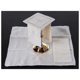 Altar linens set with white dove, silk cotton and viscose, set of 4