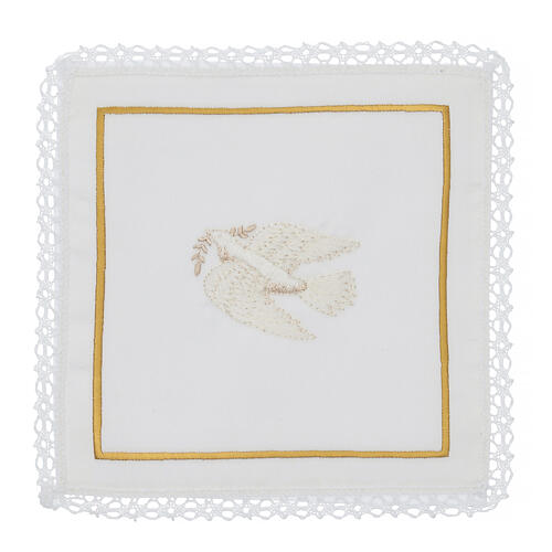 Altar linens set with white dove, silk cotton and viscose, set of 4 1