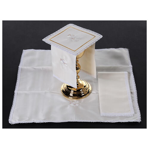 Altar linens set with white dove, silk cotton and viscose, set of 4 2