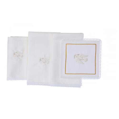 Altar linens set with white dove, silk cotton and viscose, set of 4 3