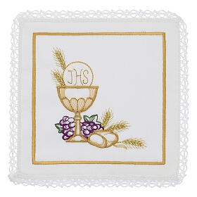 Altar linens set with grapes JHS and chalice, silk cotton and viscose, set of 4