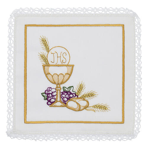Altar linens set with grapes JHS and chalice, silk cotton and viscose, set of 4 1