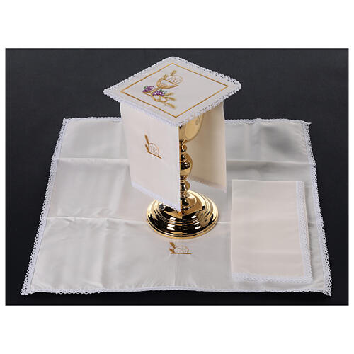 Altar linens set with grapes JHS and chalice, silk cotton and viscose, set of 4 2