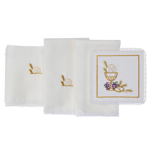 Altar linens set with grapes JHS and chalice, silk cotton and viscose, set of 4 3