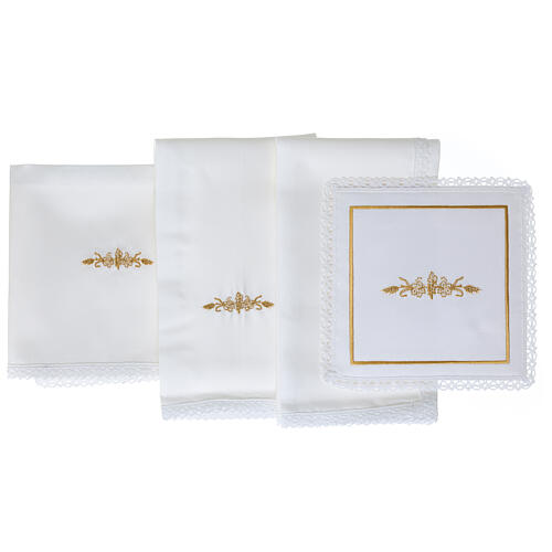 Altar linens of silk, cotton and viscose, set of 4, wheat and grapes embroidery 3