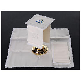 Altar set of 4 linens, Marial initials with cross, silk cotton and viscose