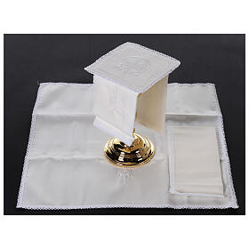 Kelchwäsche-Set, Kreuz von Aquileia als Stickerei, aus Seide, Baumwolle und Viskose – 4-teilig