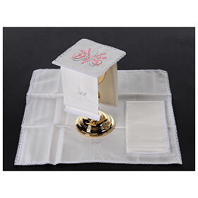 Kelchwäsche-Set, Marienmonogramm MA als Stickerei, aus Seide, Baumwolle und Viskose – 4-teilig