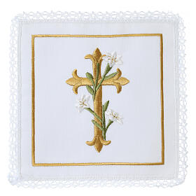 Linges d'autel 4 pcs croix et fleurs or, soie coton viscose