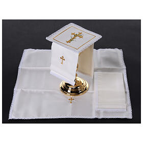 Conjunto de altar bordado cruz flores ouro 4 peças seda algodão viscose