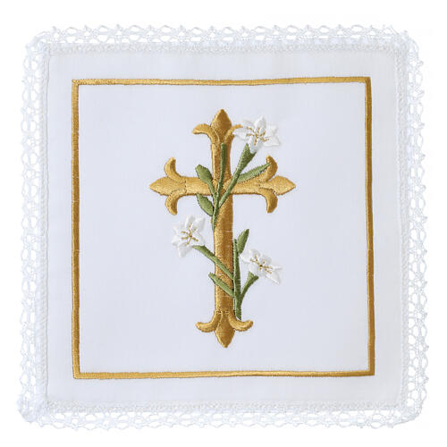 Conjunto de altar bordado cruz flores ouro 4 peças seda algodão viscose 1