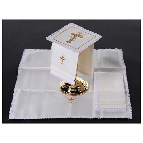 Conjunto de altar bordado cruz flores ouro 4 peças seda algodão viscose 2