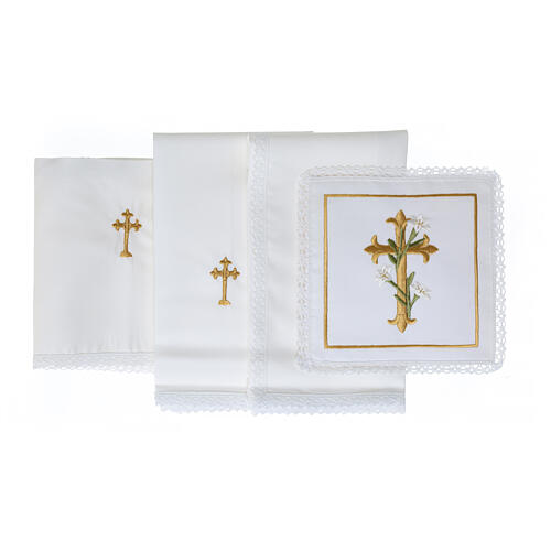 Conjunto de altar bordado cruz flores ouro 4 peças seda algodão viscose 3