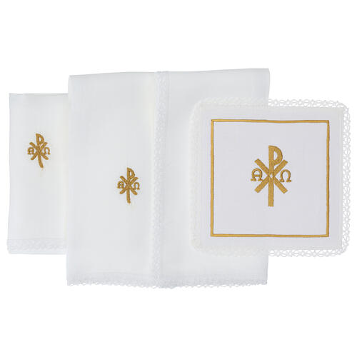 Altar set of 4 linens, Chi-Rho with Alpha and Omega, linen cotton and viscose 3