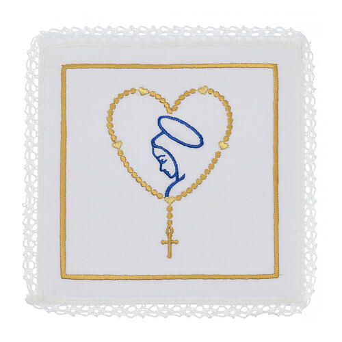 Altar set of 4 linens, Virgin Mary with heart-shaped rosary, linen cotton and viscose 1
