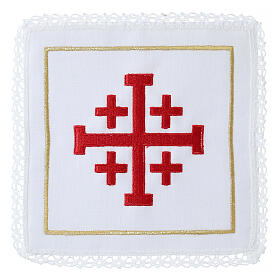 Kelchwäsche-Set, Jerusalemkreuz als Stickerei, aus Leinen, Baumwolle und Viskose – 4-teilig