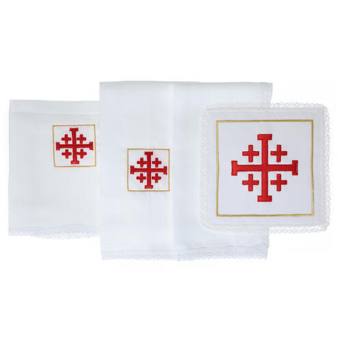 Set of altar linens with Jerusalem cross, cotton, linen and viscose 3
