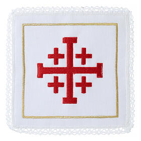 Conjunto de altar bordado cruz Jerusalém 4 peças linho algodão viscose