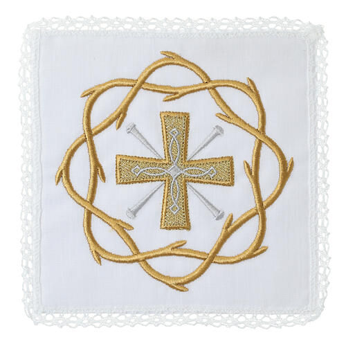 Set of altar linens with cross and thorn crown, cotton, linen and viscose 1