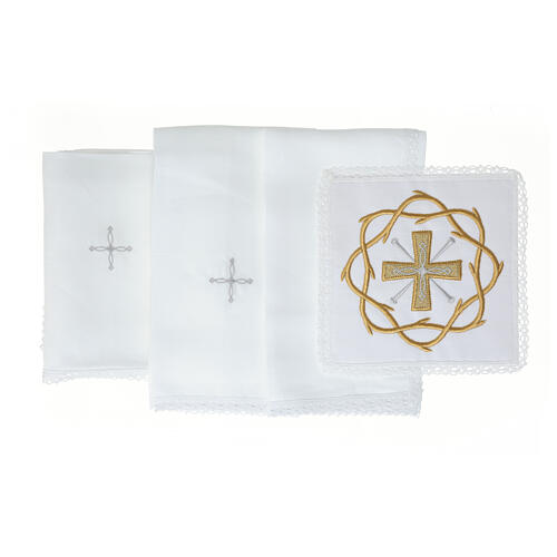 Set of altar linens with cross and thorn crown, cotton, linen and viscose 3