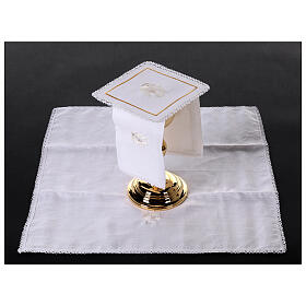 Kelchwäsche-Set, Friedenstaube als Stickerei, aus Leinen, Baumwolle und Viskose – 4-teilig