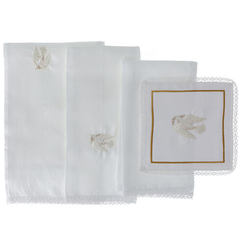 Set of altar linens with white dove, cotton, linen and viscose 3