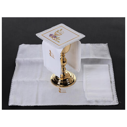 Kelchwäsche-Set, Symbole der Eucharistie als Stickerei, aus Leinen, Baumwolle und Viskose – 4-teilig 2