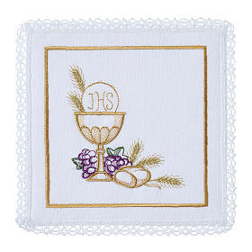 Altar set of 4 linens, chalice grapes and JHS, linen cotton and viscose