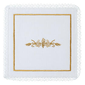 Set of altar linens with golden wheat and grapes, cotton, linen and viscose