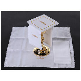Set of altar linens with golden wheat and grapes, cotton, linen and viscose