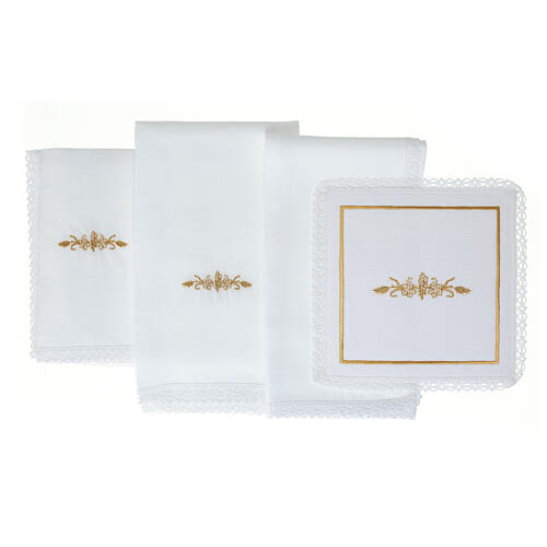 Set of altar linens with golden wheat and grapes, cotton, linen and viscose 3