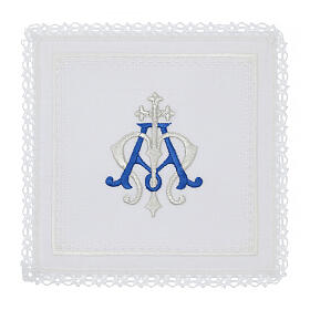 Kelchwäsche-Set, Marienmonogramm MA als Stickerei, aus Leinen, Baumwolle und Viskose – 4-teilig