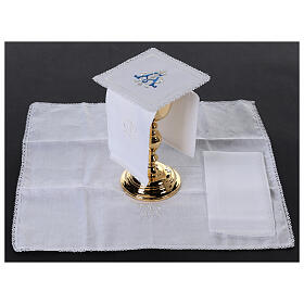 Altar set of 4 linens, Marial initials and cross, linen cotton and viscose